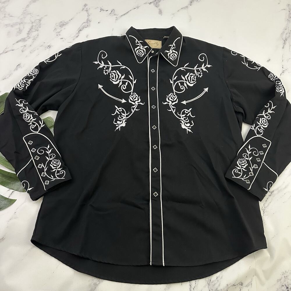 Scully Mens Vintage Western Shirt Size XL Black White Floral Embroidered Roses